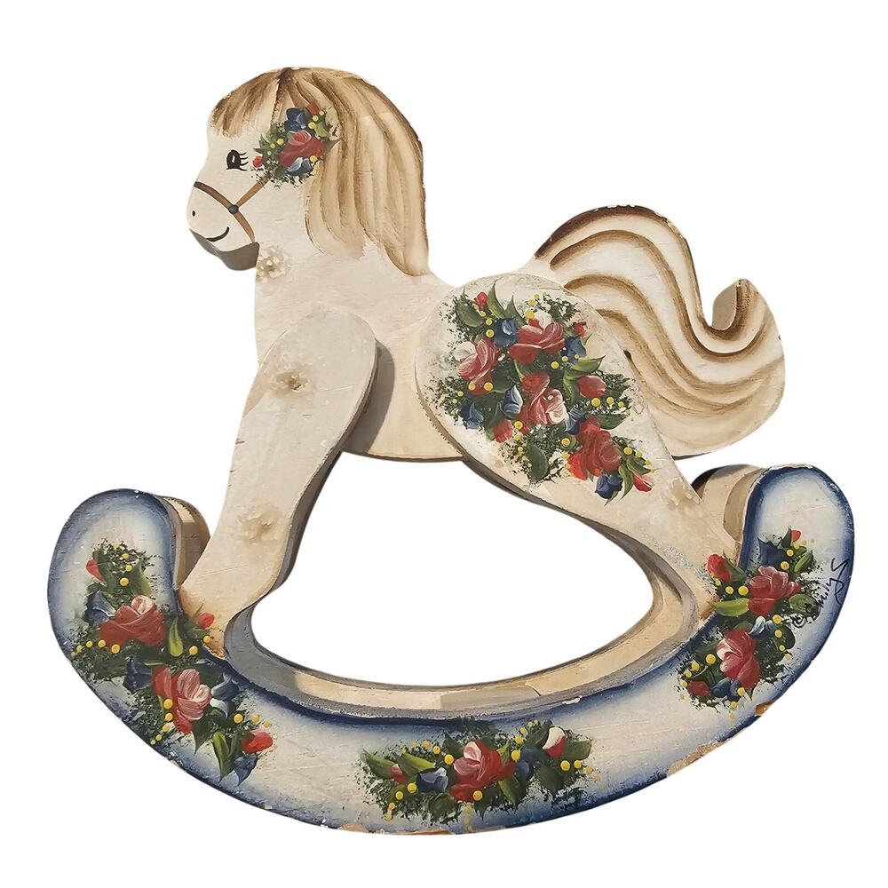 Vintage Hand Painted Wooden Rocking Horse Folk Art Floral Shelf Sitter Figure